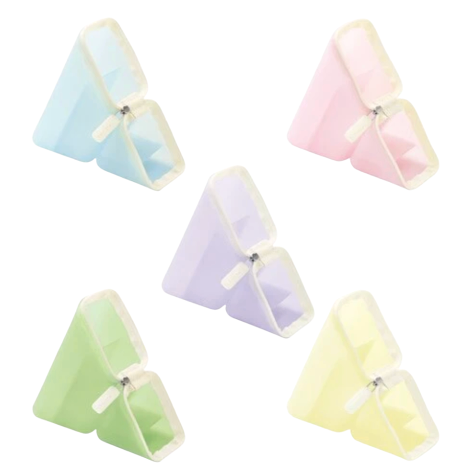 Five triangular silicone pouches in pastel shades of blue, pink, purple, green, and yellow, arranged on a plain white background.