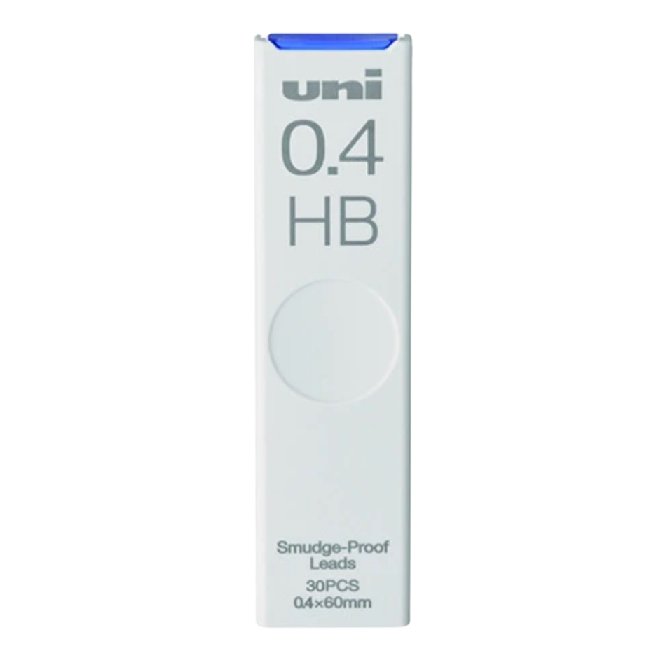 A white rectangular box of Uni 0.4 HB smudge-proof leads, featuring gray text and a blue accent at the top, set against a plain white background.