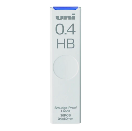 A white rectangular box of Uni 0.4 HB smudge-proof leads, featuring gray text and a blue accent at the top, set against a plain white background.