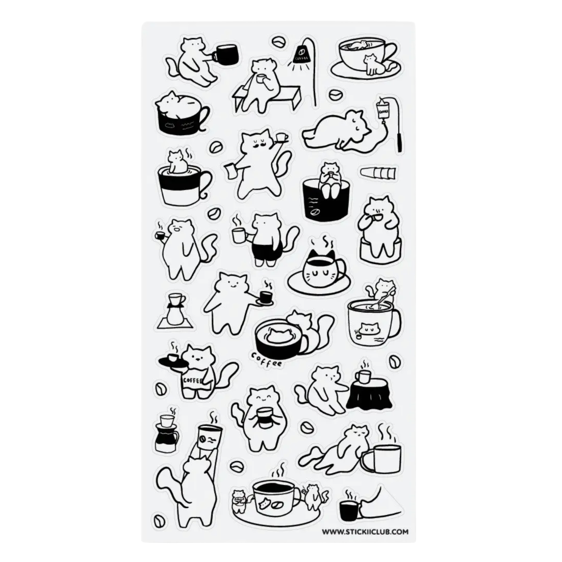 A sheet of clear adhesive stickers featuring black and white cartoon cat illustrations in various poses, with coffee and tea cup motifs, shown on a white background.
