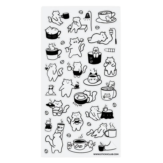 A sheet of clear adhesive stickers featuring black and white cartoon cat illustrations in various poses, with coffee and tea cup motifs, shown on a white background.