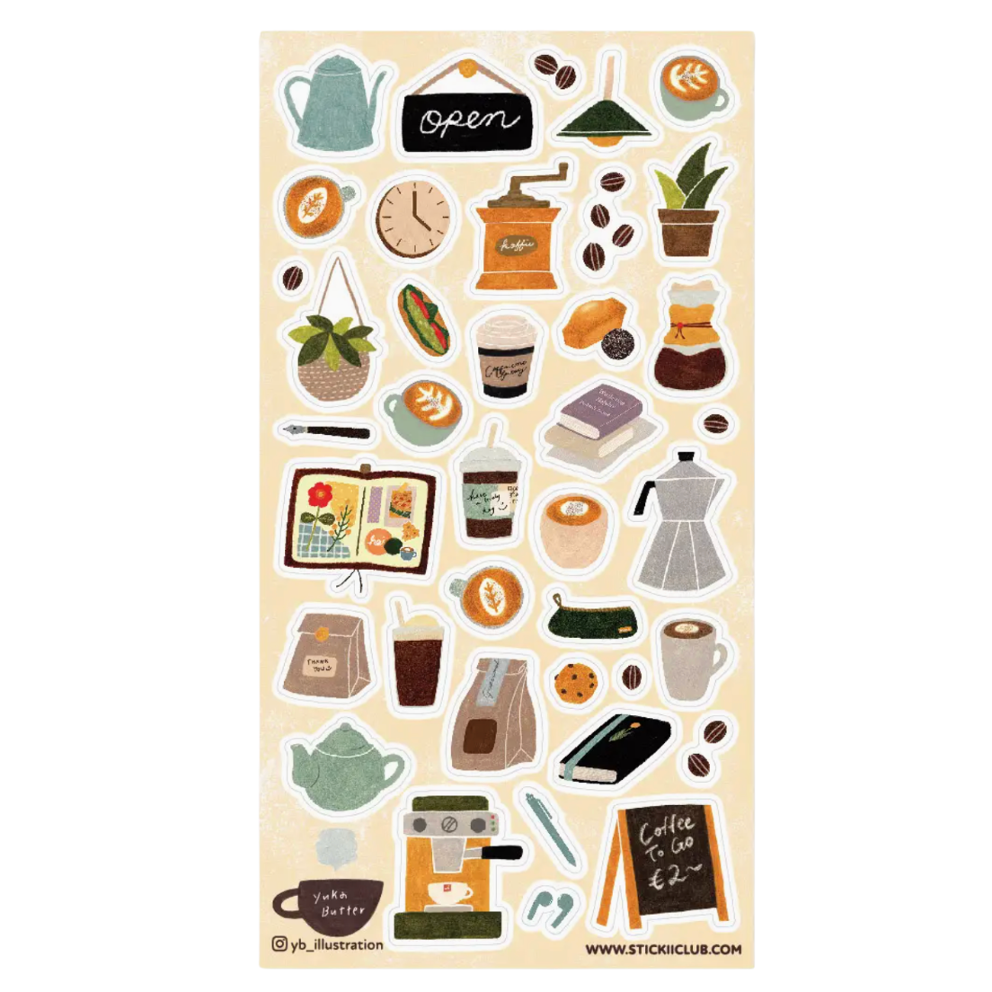 A sheet of coffee-themed stickers on a cream background, featuring illustrations of mugs, teapots, coffee beans, an espresso machine, a coffee grinder, a laptop with a coffee logo, and small decorative items. The brand name 'Sticker Club' is visible at the bottom.