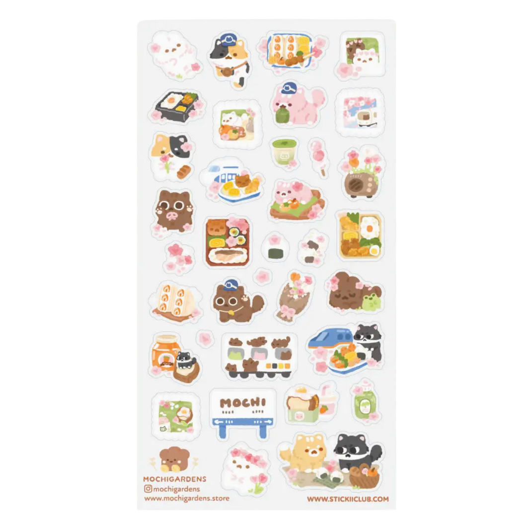 A sheet of cute mochi-themed stickers from Mochigardens, featuring various characters and illustrations in pastel colors on a white background.
