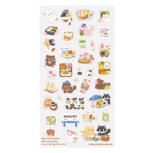 A sheet of cute mochi-themed stickers from Mochigardens, featuring various characters and illustrations in pastel colors on a white background.