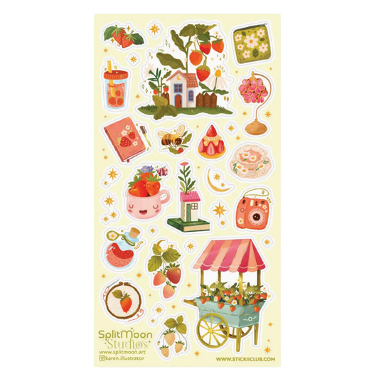 A sheet of cute strawberry-themed stickers by SplitMoon Studios, featuring illustrations of a strawberry garden, strawberry drink, strawberry cake, strawberry cart, and strawberry accessories on a pale yellow background.
