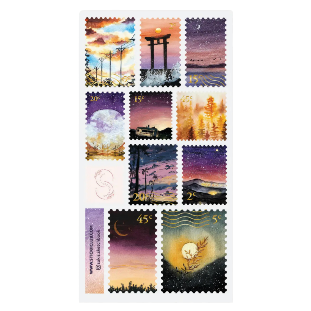 A sheet of postage stamps featuring various celestial and nature-themed illustrations, including torii gates, moons, sunsets, and stars, with denomination markings and a vertical 'POSTAGE' strip on a white background.
