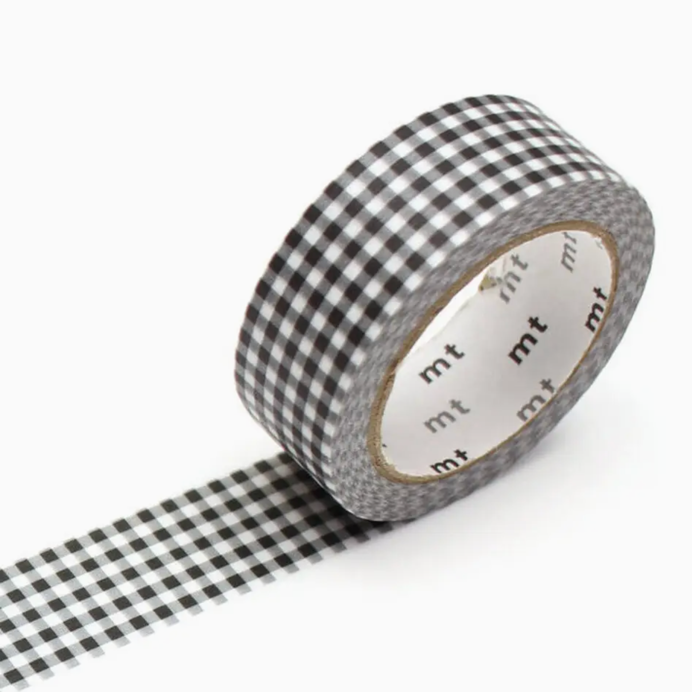 A roll of black and white gingham checkered washi tape with a matching strip unrolled out on a clean white background. The inner cardboard core shows the brand name 'mt' printed repeatedly.