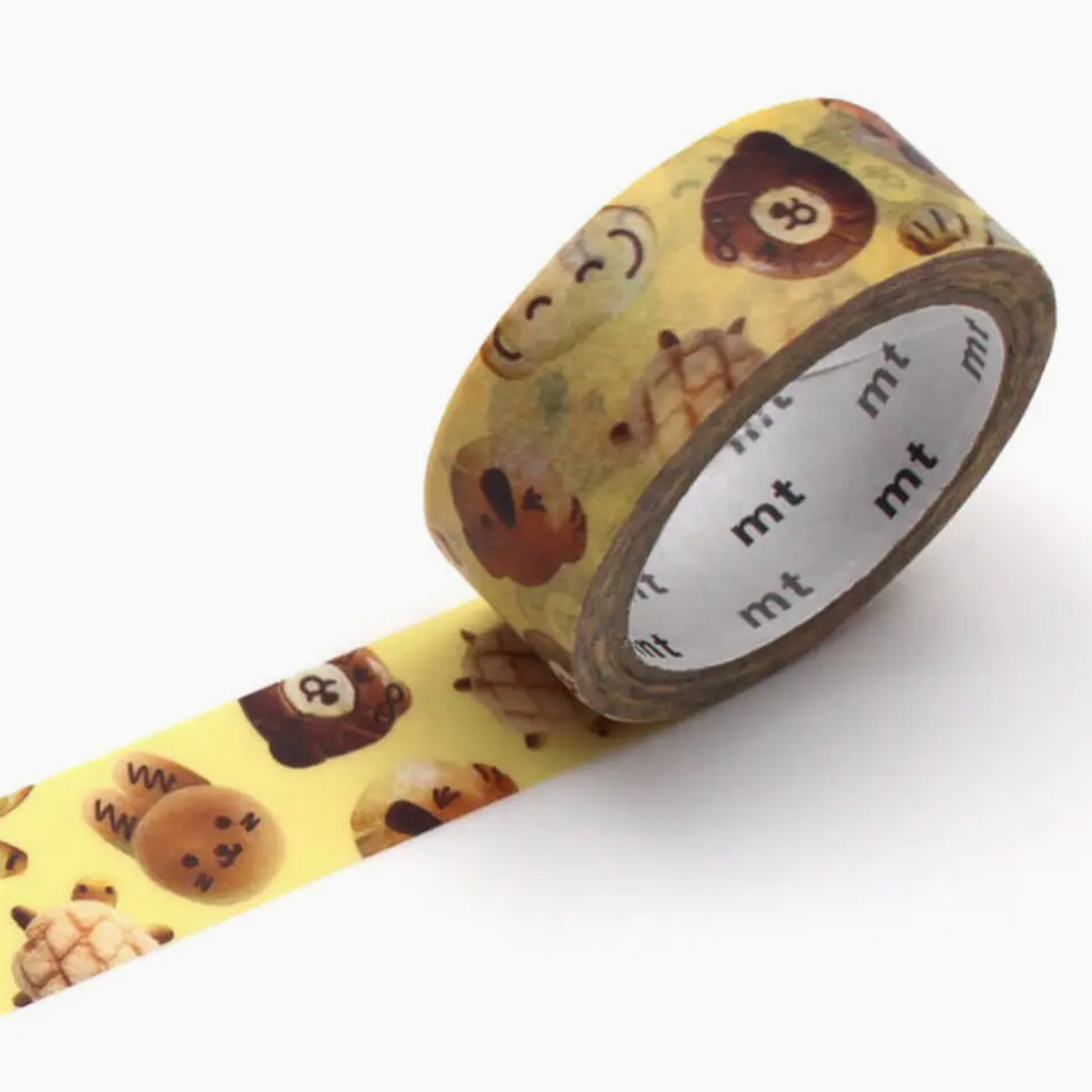 A roll of yellow washi tape with a cute cartoon bear pattern, shown partially unrolled on a clean white background.