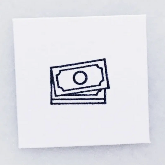 A square white card or sticker featuring a simple black line drawing of stacked dollar bills, centered on a light gray background.