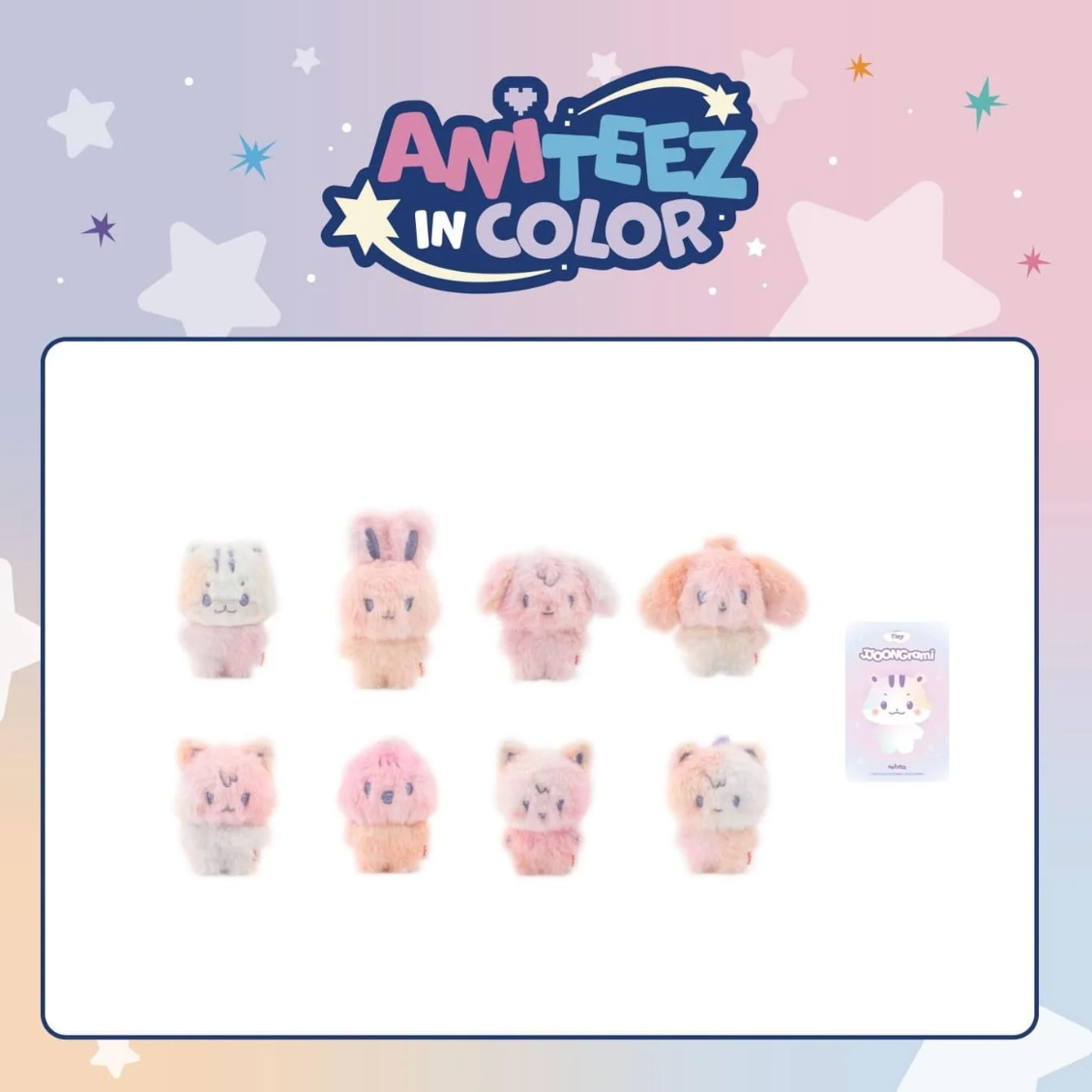 A promotional graphic for Amiteez in Color featuring eight small plush bunny-shaped items in pastel pink, peach, cream, and lavender tones, arranged in two rows on a white card with a pastel gradient background and star graphics. A small product card is shown to the right.