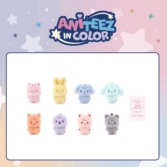 A promotional graphic for Amiteez in Color featuring eight small plush character figures arranged in two rows on a white card, with the Amiteez in Color logo above. The figures include pastel pink, yellow, blue, mint, peach, lavender, coral, and gray animal and cat designs.
