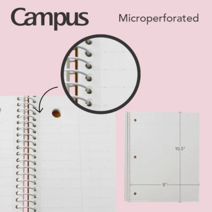 A promotional graphic for Campus microperforated spiral notebooks on a light pink background. The image includes the Campus logo, the text 'Microperforated,' a circular close-up of the metal spiral binding, a partial view of an open notebook showing the page and hole, and a page dimension diagram indicating 10.