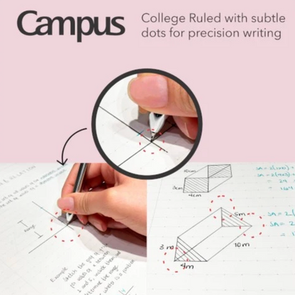 Promotional graphic for Campus college-ruled graph paper, showing the product name at the top, a close-up of a pen tip on paper, and a hand writing on lined paper with geometric diagrams. The background is a soft pink.