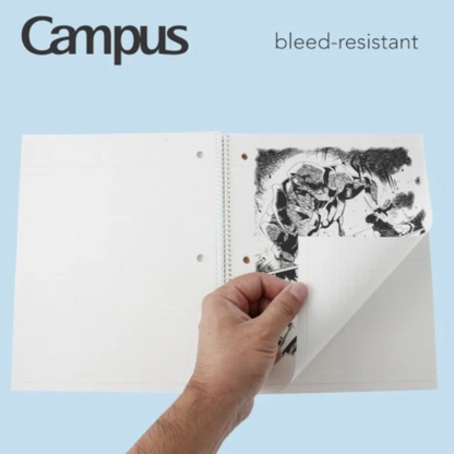 A hand holds a page of a white binder or notebook with a black ink design, showing a bleed-through effect. The background is light blue with the text 'Campus' and 'bleed-resistant' at the top.