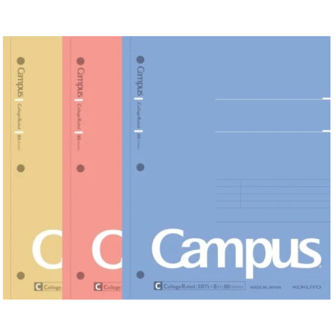 Three College Rules Campus file folders in pastel yellow, coral pink, and light blue, shown overlapping on a white background.