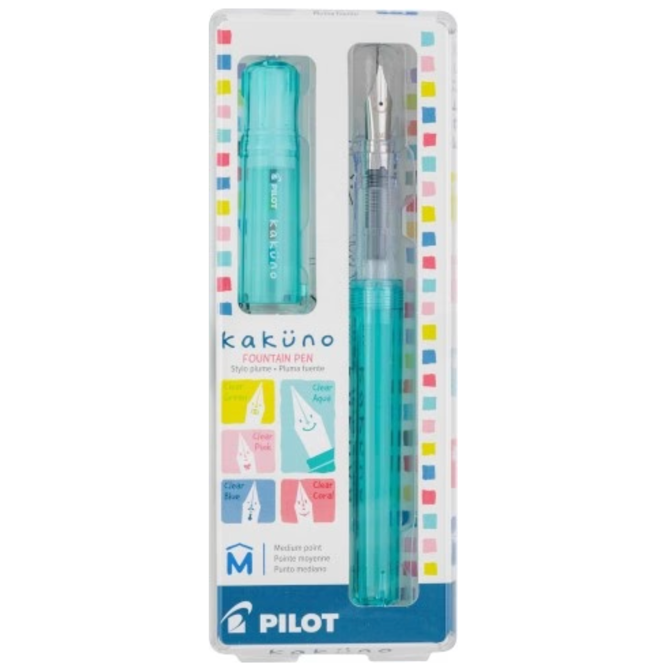Pilot Kakuno Fountain Pen and matching fountain pen holder set in its original retail blister packaging, featuring a translucent teal pen and holder with a white and blue printed card insert.