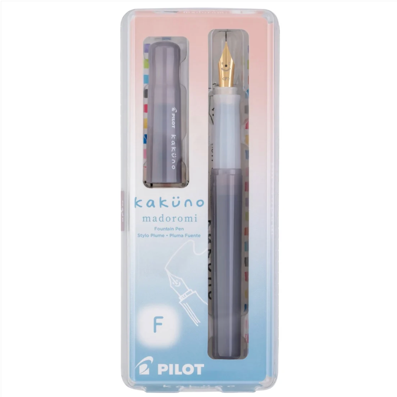 Pilot kakuno madoromi Fountain Pen Style Plume + Plume Palette, in its original clear plastic packaging with a pink and blue gradient insert.