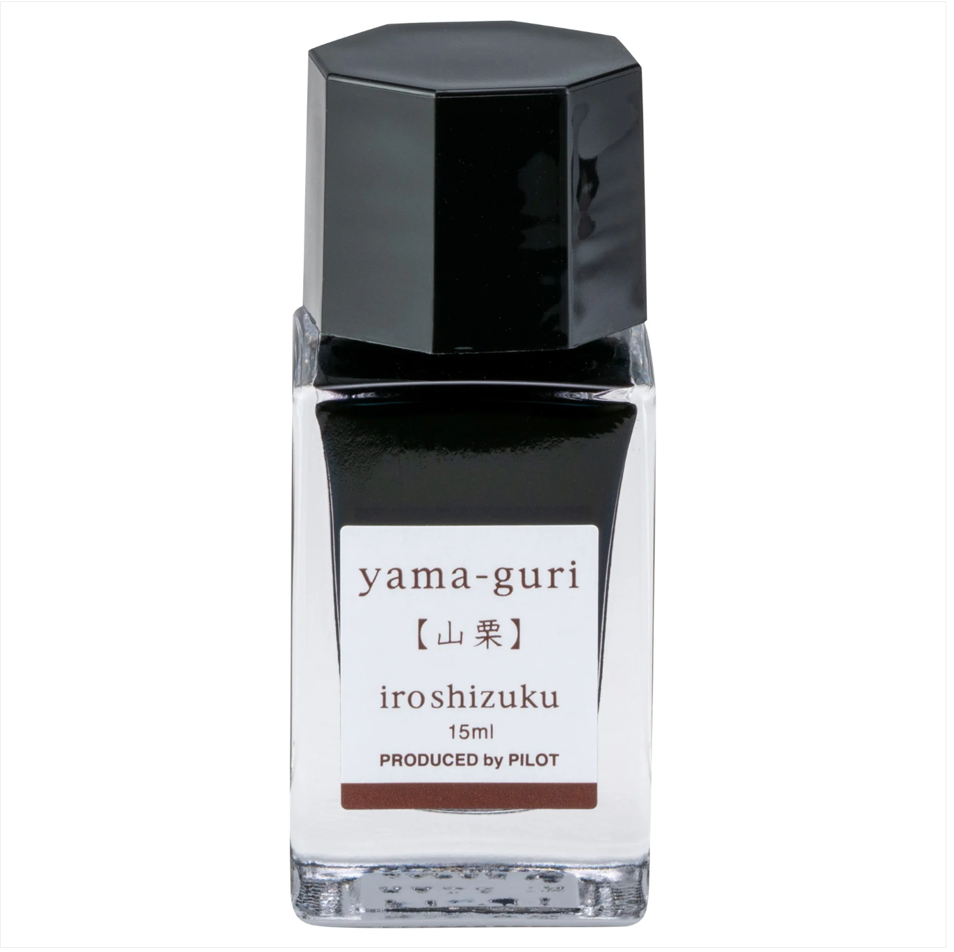 A 15ml bottle of Yama Guri Iroshizuku ink by Pilot, featuring a black cap, a clear glass body showing the dark ink inside, and a white label with brown text.