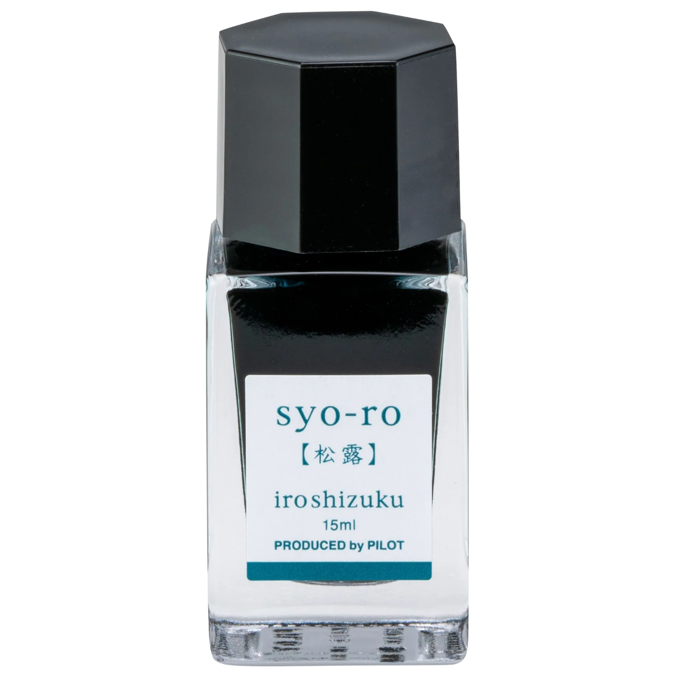 A 15ml bottle of Pilot iroshizuku Syo-ro ink, featuring a black cap and a white label with teal text, set against a plain white background.