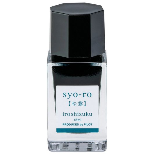 A 15ml bottle of Pilot iroshizuku Syo-ro ink, featuring a black cap and a white label with teal text, set against a plain white background.