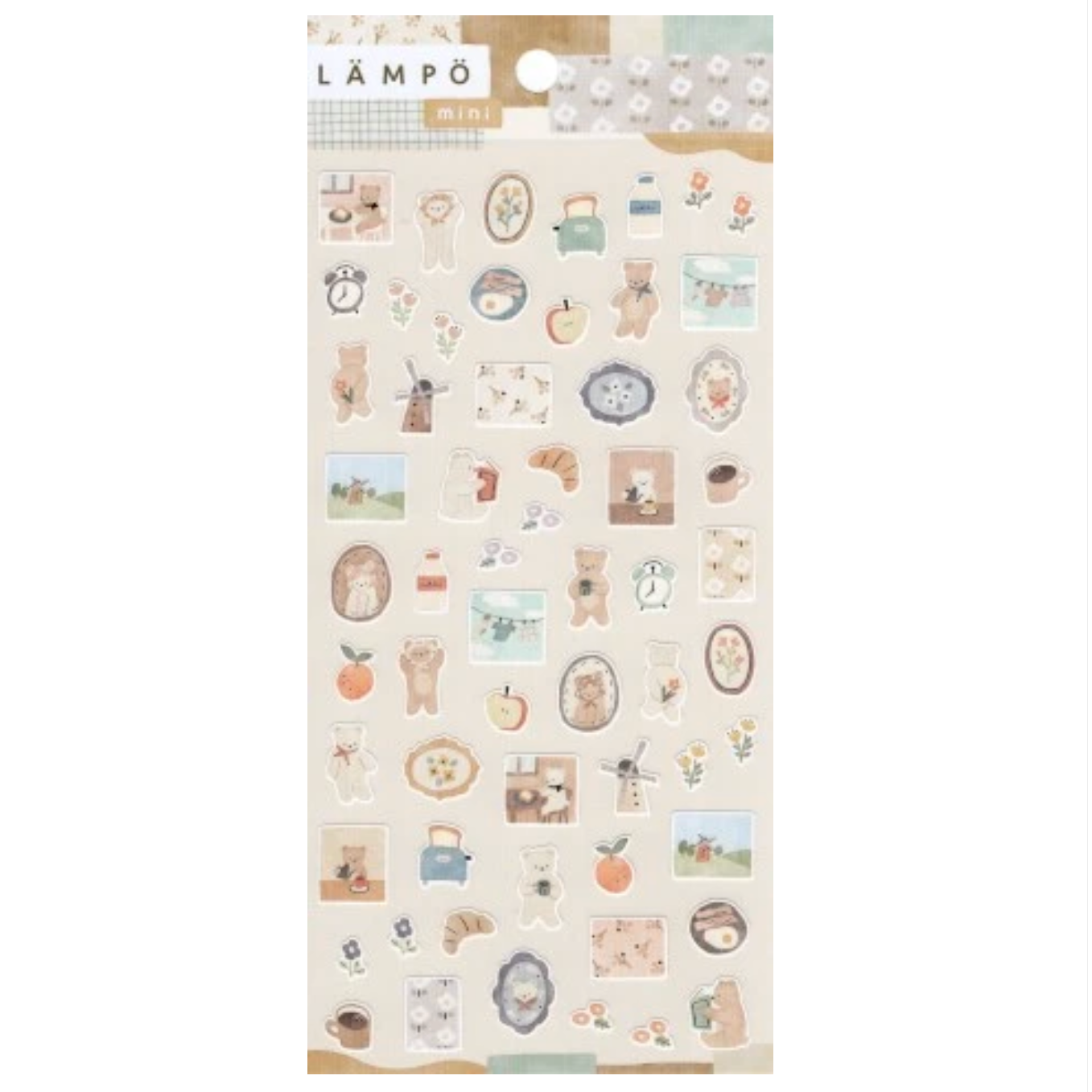 A sheet of mini decorative stickers with a cute, cozy aesthetic. The stickers feature illustrations of teddy bears, coffee cups, croissants, apples, and small scenes in muted pastel colors like beige, brown, orange, and blue, presented on a light cream backing card with the brand name 'LÄMPÖ MINI' visible at the top.