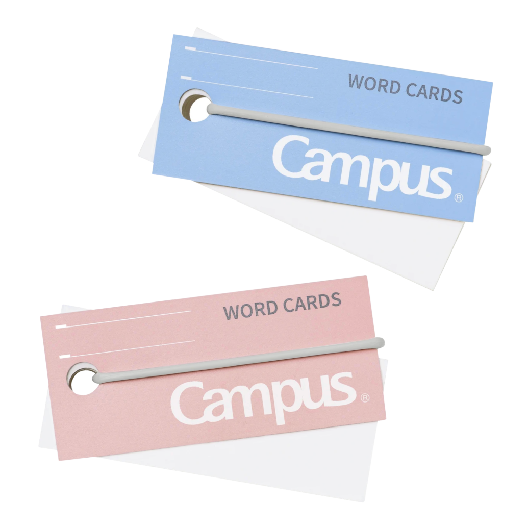 Two Campus-branded word cards shown on a white background, one in light blue and one in light pink, each with a horizontal gray bar and a circular hole.