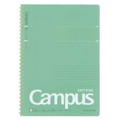 A mint green Campus Soft Ring notebook with a spiral binding, featuring the white 'Campus' logo and product details on the front cover.
