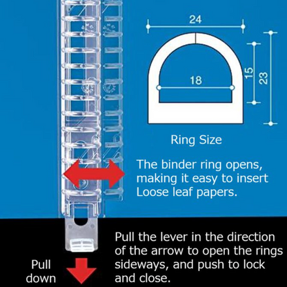 Instruction graphic showing how to insert loose leaf papers into a clear plastic binder ring. The left side shows a close-up of the transparent ring with red arrows indicating the opening motion.