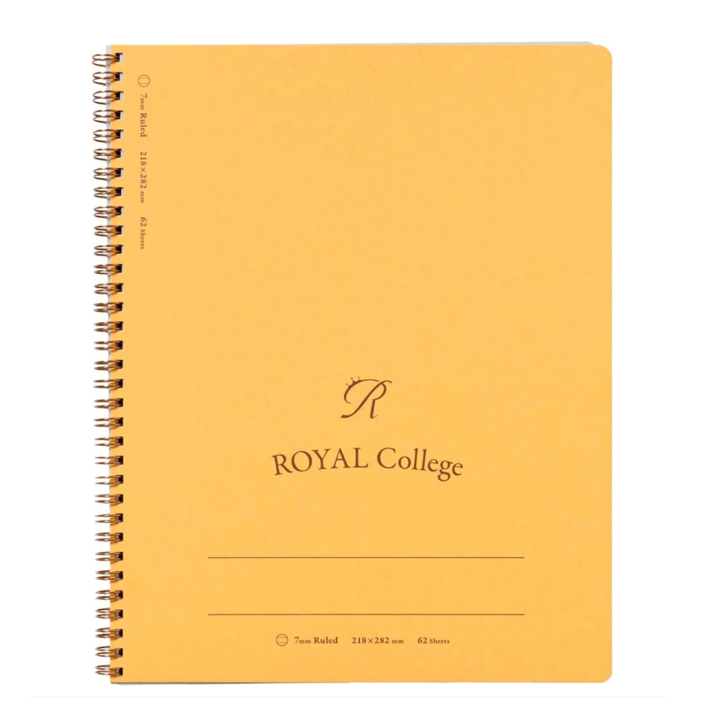 A spiral-bound notebook with a warm yellow cover, featuring the text 'ROYAL College' and a decorative monogram logo printed in black. The notebook is photographed flat against a clean white background.
