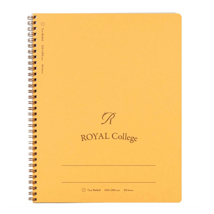 A spiral-bound notebook with a warm yellow cover, featuring the text 'ROYAL College' and a decorative monogram logo printed in black. The notebook is photographed flat against a clean white background.