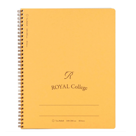 A spiral-bound notebook with a warm yellow cover, featuring the text 'ROYAL College' and a decorative monogram logo printed in black. The notebook is photographed flat against a clean white background.