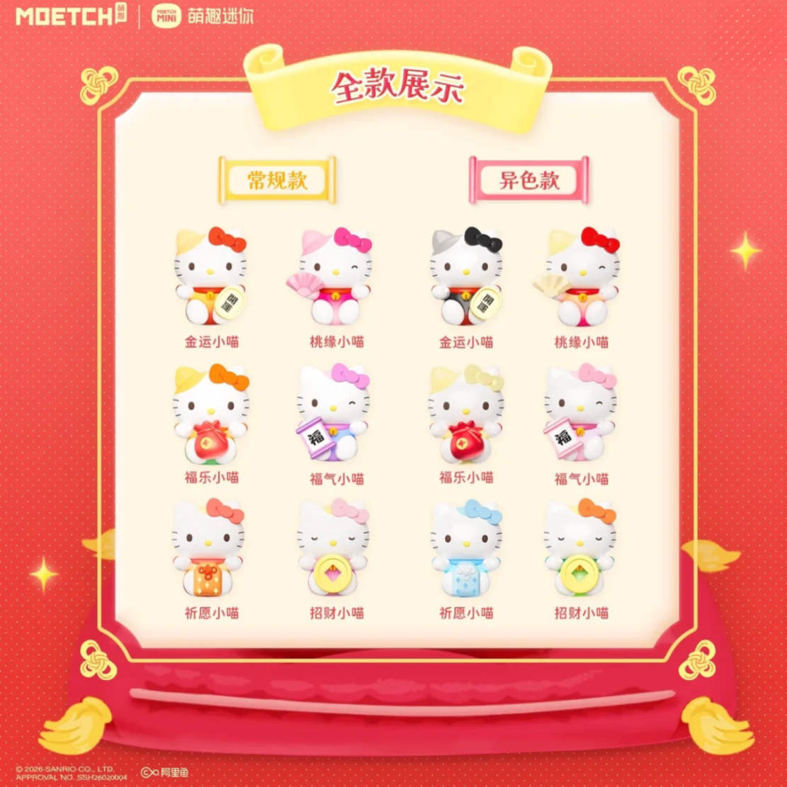 A promotional display card showing multiple Hello Kitty-style cat figurines in different colors and outfits, arranged in a grid on a red festive background with Chinese text labels. The top banner reads '全款展示' and the Moet&Chap logo appears at the upper left.