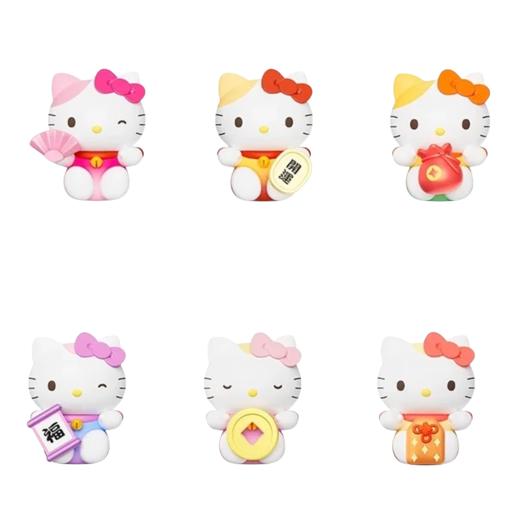 Six Hello Kitty figurines arranged in a 2x3 grid on a plain white background, each wearing a different festive outfit and holding a decorative item such as a fan, coin, bag, and wrapped gift.