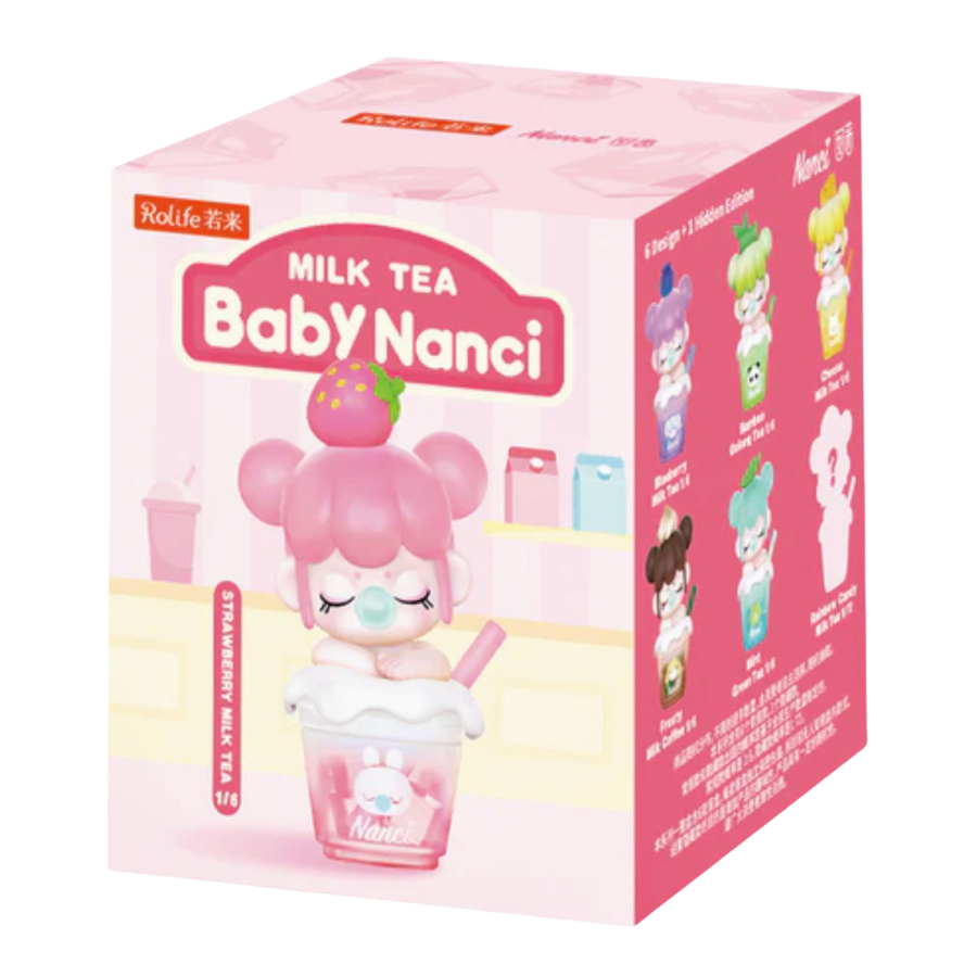 A pink retail box for a 'Milk Tea Baby Nanci' collectible toy, featuring a strawberry-themed character sitting in a milk tea cup. The box is shown at a three-quarter angle on a plain white background.