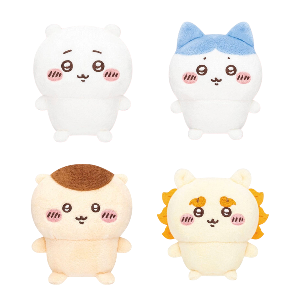 Four cute plush character toys arranged in a 2x2 grid on a plain white background. The top-left plush is white with small pink cheeks and a black face.