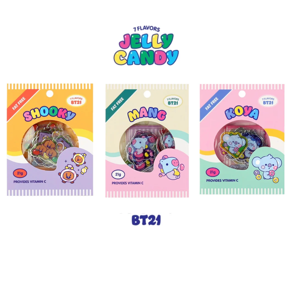 Three packages of BT21 Jelly Candy stickers arranged side by side on a white background, with the BT21 logo at the top and 'BT21' text at the bottom. The packages feature colorful cartoon designs for Shooky, Mang, and Koya flavors.