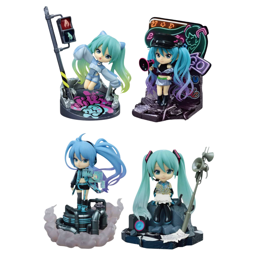 Four Hatsune Miku chibi-style figurines with different outfits and accessories, arranged in a 2x2 grid on a plain white background.