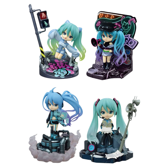 Four Hatsune Miku chibi-style figurines with different outfits and accessories, arranged in a 2x2 grid on a plain white background.