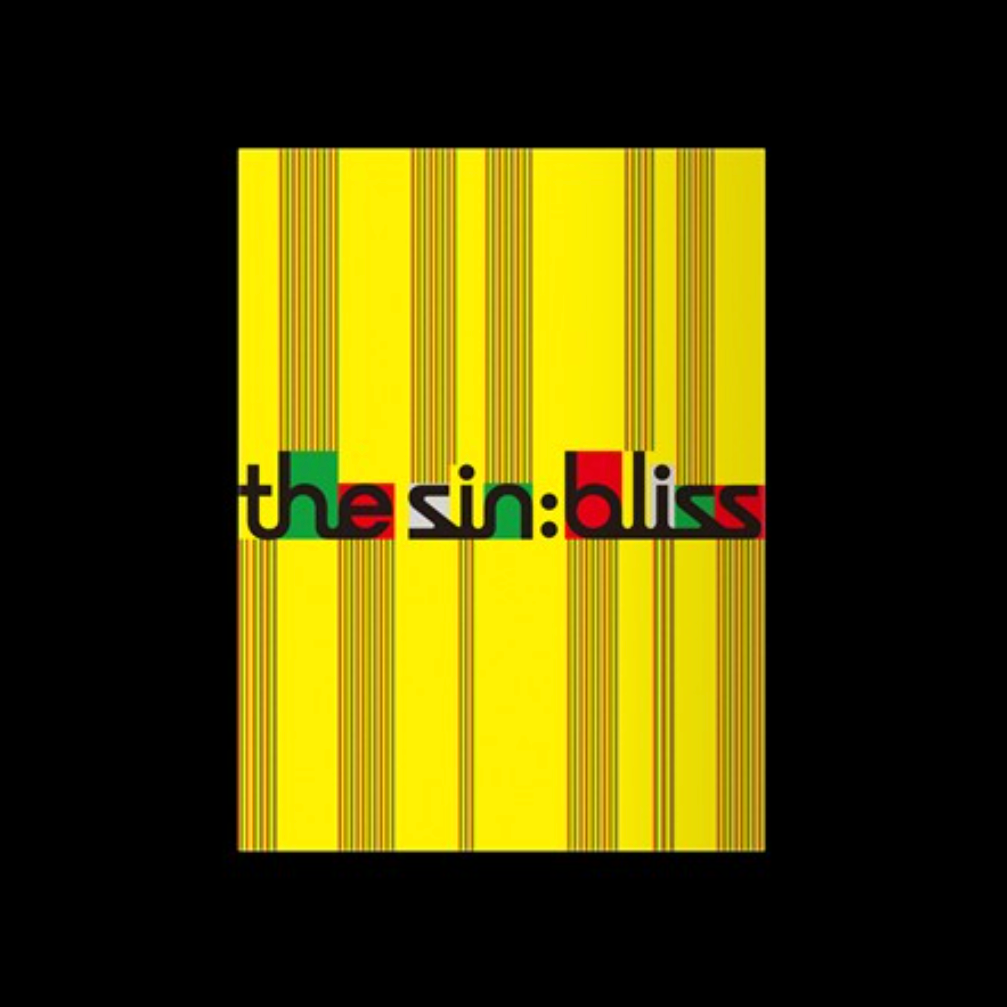 A square graphic with a bright yellow background featuring vertical black and red stripes, centered on a solid black field. The text 'the sin: bliss' appears across the middle in black with red and green lettering.