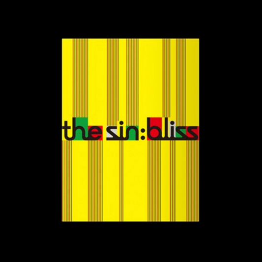 A square graphic with a bright yellow background featuring vertical black and red stripes, centered on a solid black field. The text 'the sin: bliss' appears across the middle in black with red and green lettering.