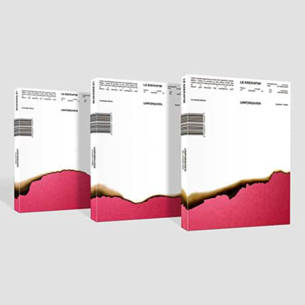 Three albums with white covers, black printed ticket-style text, and a bold pink abstract splash design near the bottom, arranged in a staggered studio composition on a light gray background.