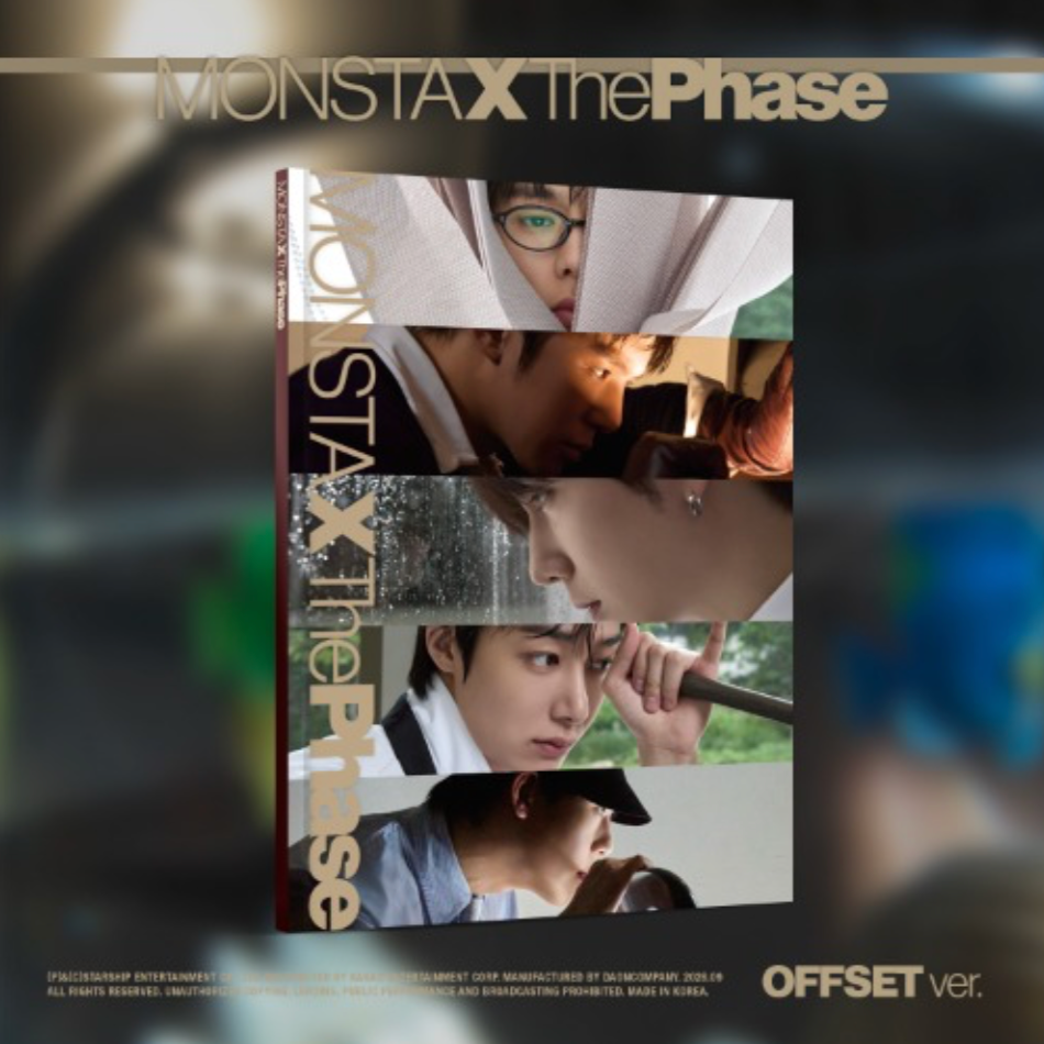 MONSTAX 'the Phase' OFFSET ver. album cover art, featuring a central collage of band members in close-up portraits with the title text 'MONSTAX the Phase' and 'OFFSET ver.