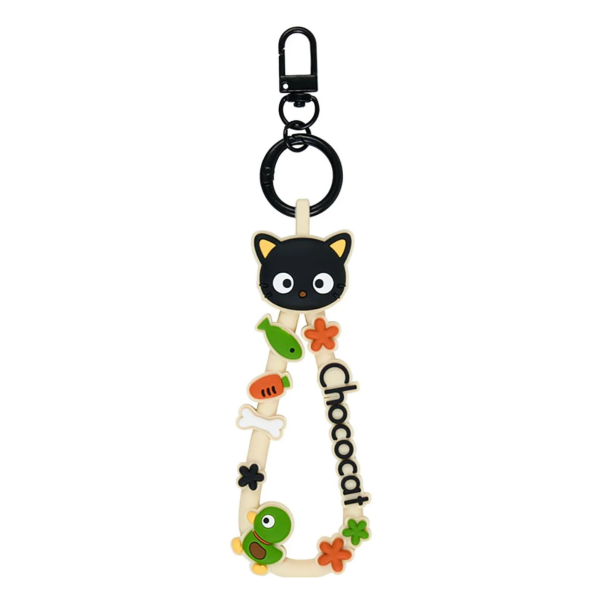 A decorative keychain or bag charm with a black cat head, a black clasp, and a curved beige strap decorated with small colorful cartoon accents and the word 'Chococat'.