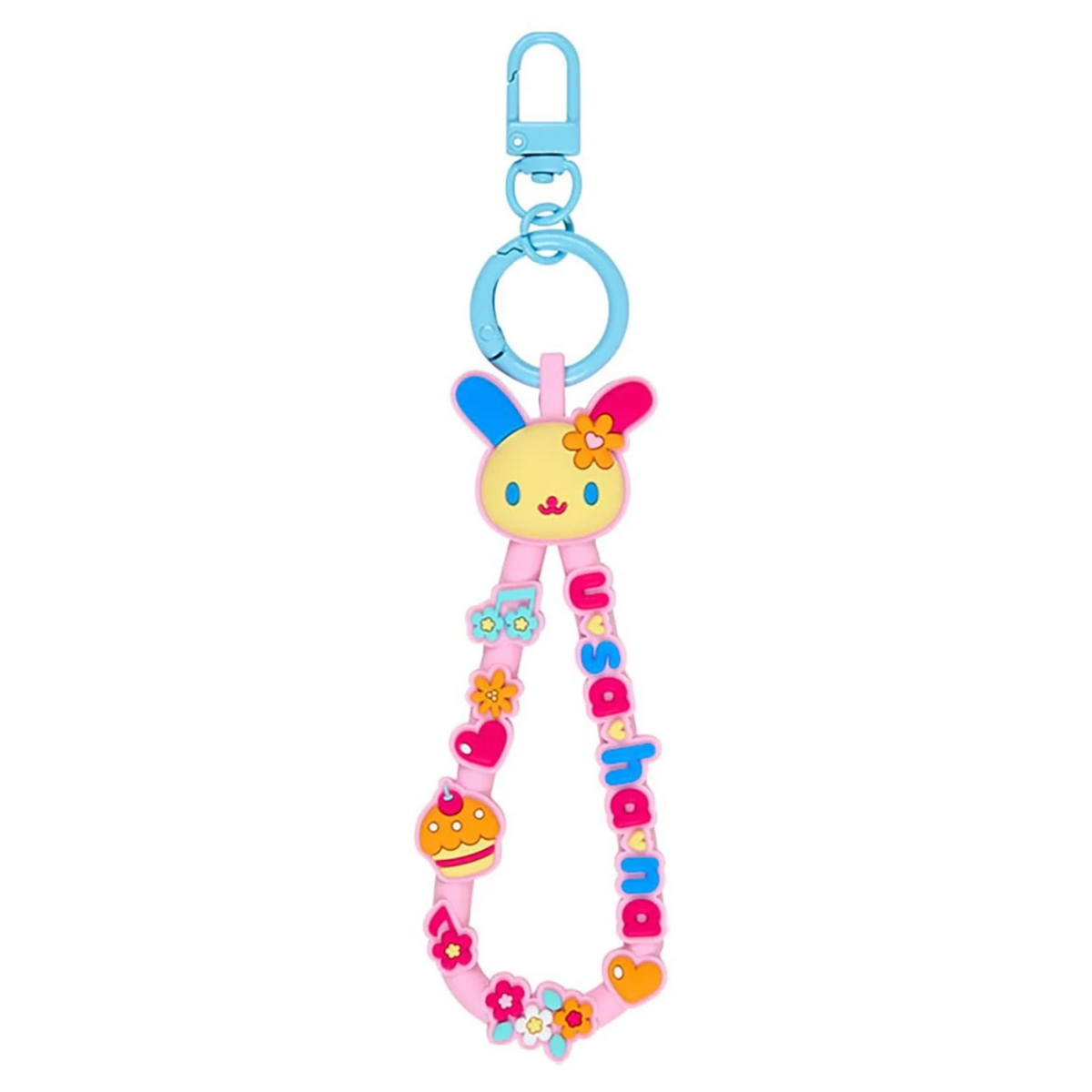 A pastel-colored silicone wrist strap keychain featuring a cartoon bunny face, a blue lobster clasp, and colorful charms including flowers, hearts, and the text 'usahana'.