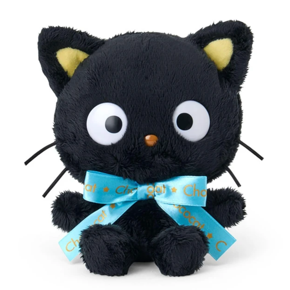 A black cat plush toy with large white eyes, yellow inner ears, a small orange nose, and a light blue ribbon tied around its neck with gold lettering, shown on a plain white background.
