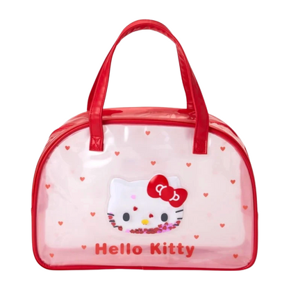 A clear plastic travel bag with red trim, handles, and printed Hello Kitty design on the front, set against a plain white background.