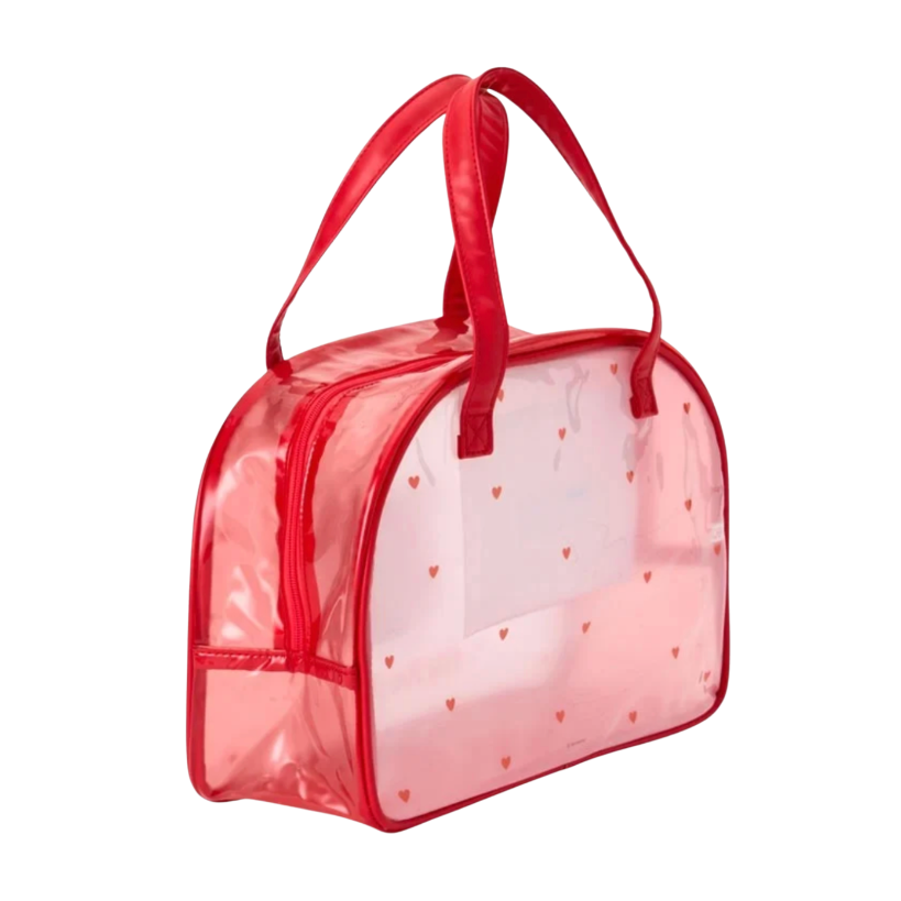 A translucent pink and red plastic cosmetic bag with red handles and small red heart patterns, shown on a plain white background.