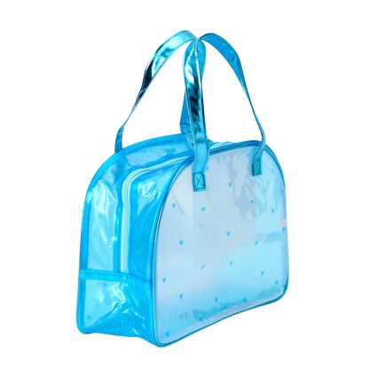 A translucent light blue waterproof bag with shiny metallic blue handles and small blue heart patterns on a white background.