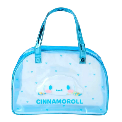A translucent light blue plastic bag with shiny blue handles, featuring a 3D Cinnamoroll character on the front and the text 'CINNAMOROLL' printed below, set against a plain white background.