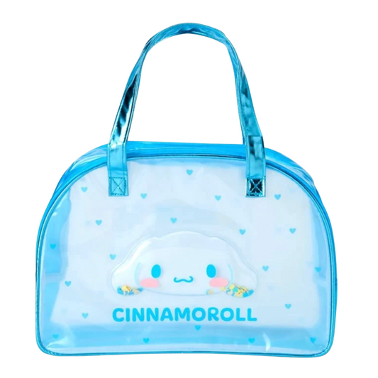 A translucent light blue plastic bag with shiny blue handles, featuring a 3D Cinnamoroll character on the front and the text 'CINNAMOROLL' printed below, set against a plain white background.